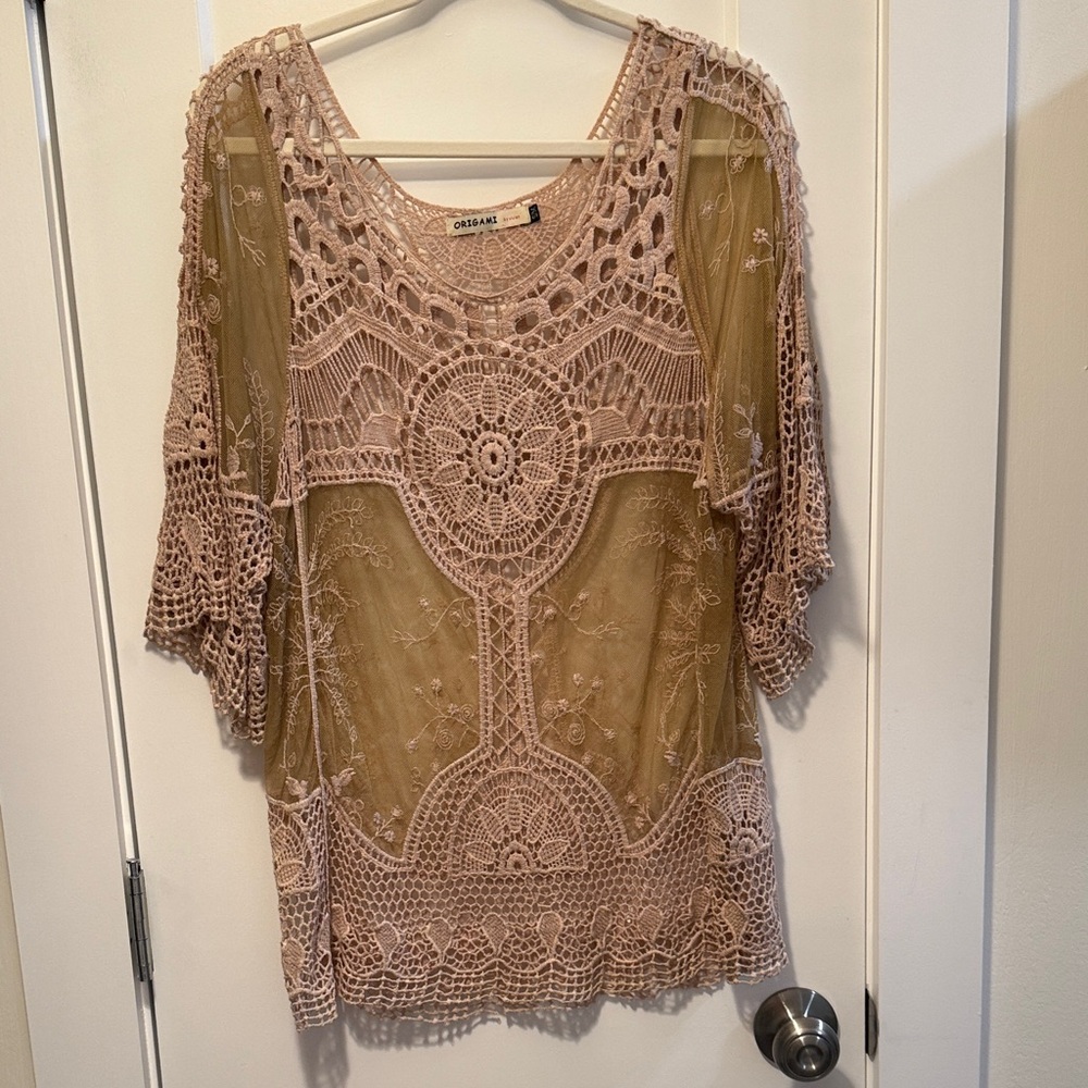 Boho Crochet Lace Overlay Blouse - Blush Pink